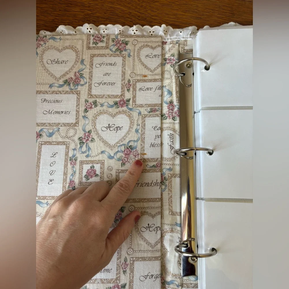 Vintage Fabric Covered Photo Album Shabby Chic Bow Heart Eyelet Scalloped Edge